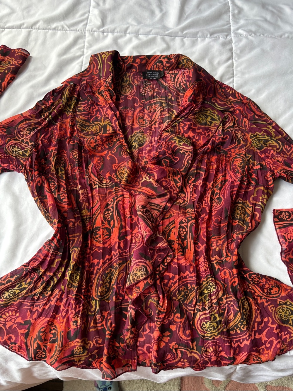 Notations Red and Orange Paisley Ruffle Blouse